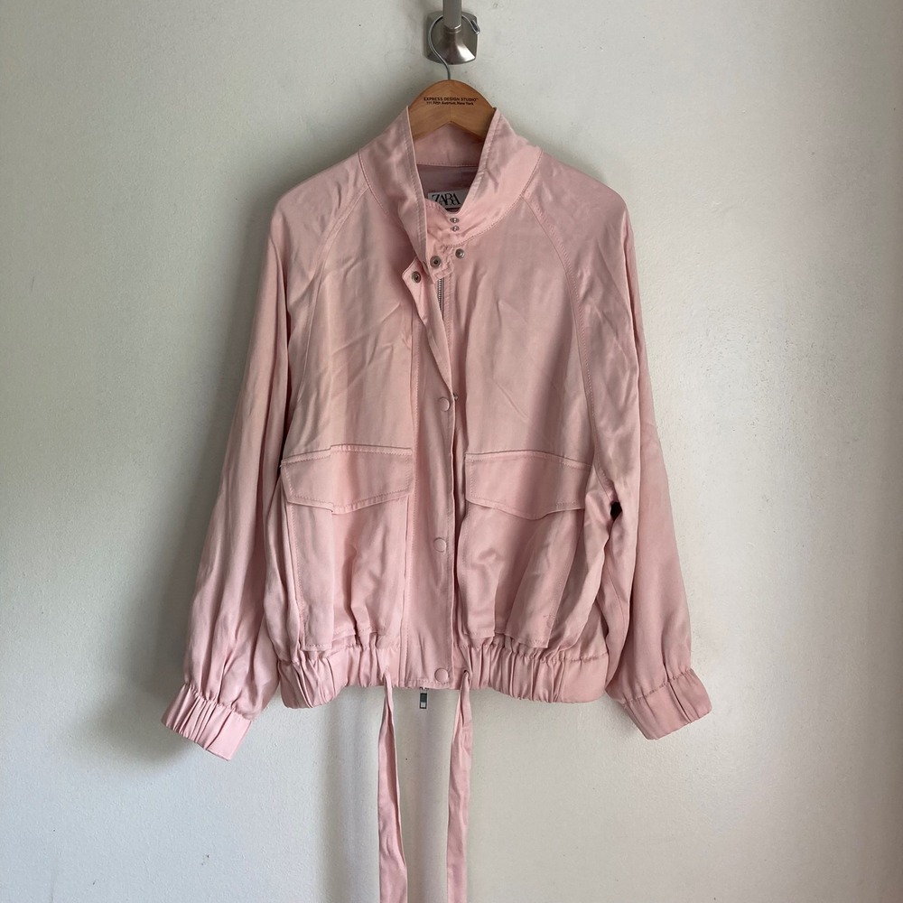 Zara Womens Pink Viscose Bomber Jacket Full Zip Snap Utility Pockets Size Small